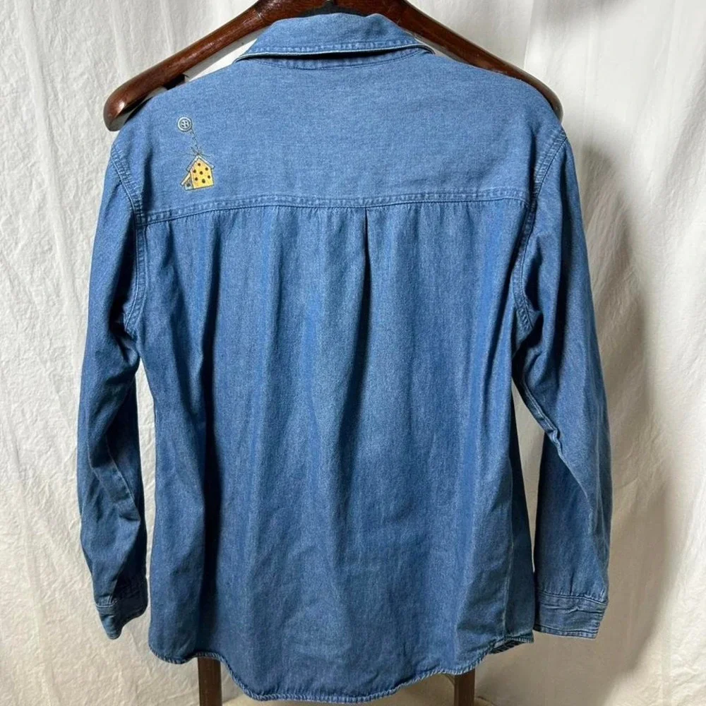 Vtg Denim Novelty cottage Shirt Sz small Teddy bear Collar - Picture 2 of 6